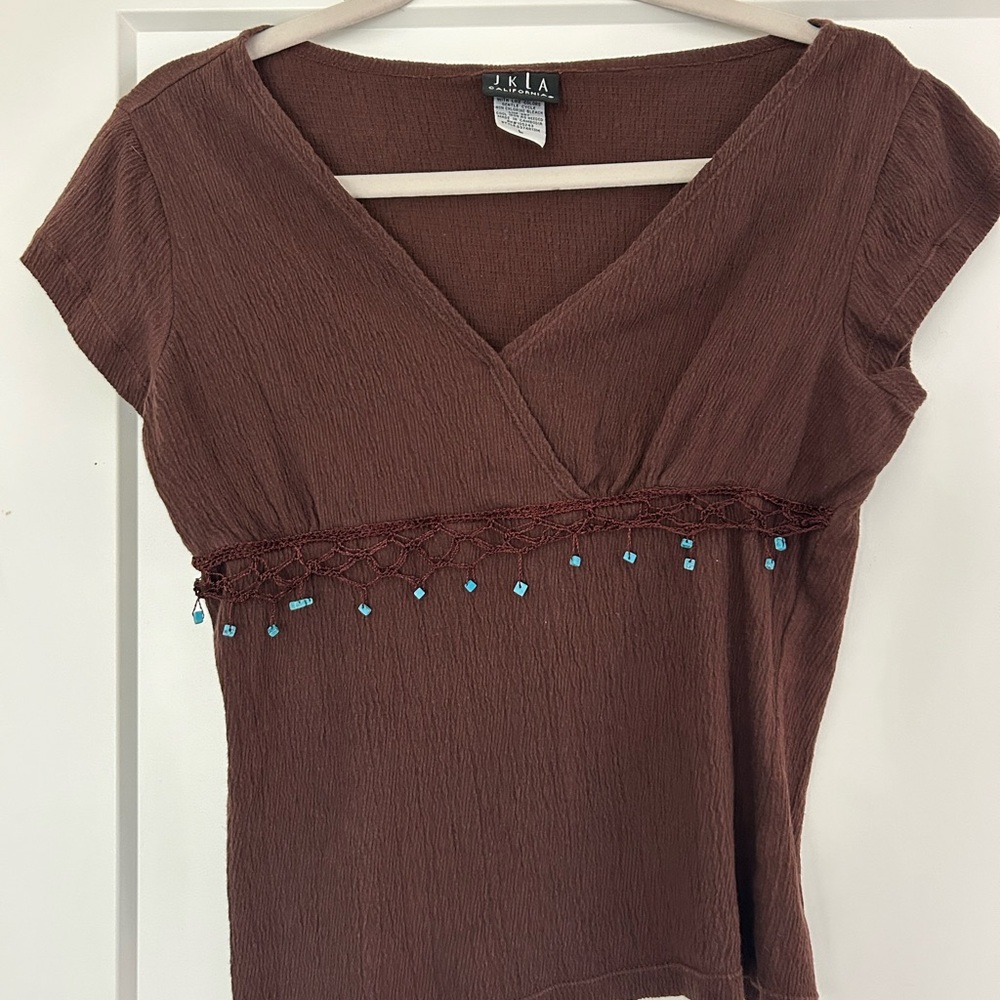 Brown Embellished V-Neck Women's Top